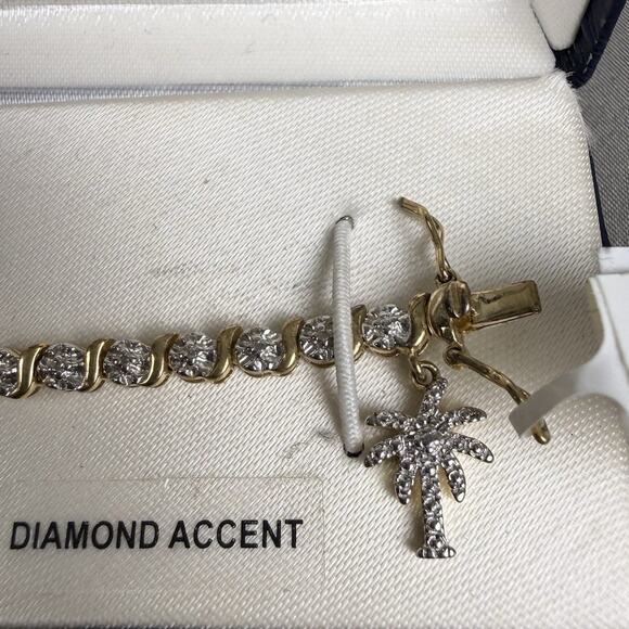 18K Gold Over Sterling Silver Diamond Accent Tennis Bracelet W/ Palm Tree Charm - Picture 4 of 7